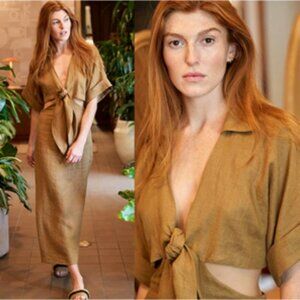 Just Bee Queen Chiara 2.0 Cutout Linen Maxi Dress Brown Size Medium
